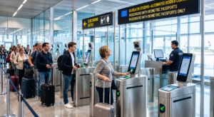 Pasajeros transitan por los quioscos de control biométrico automatizado EES en una terminal internacional europea.