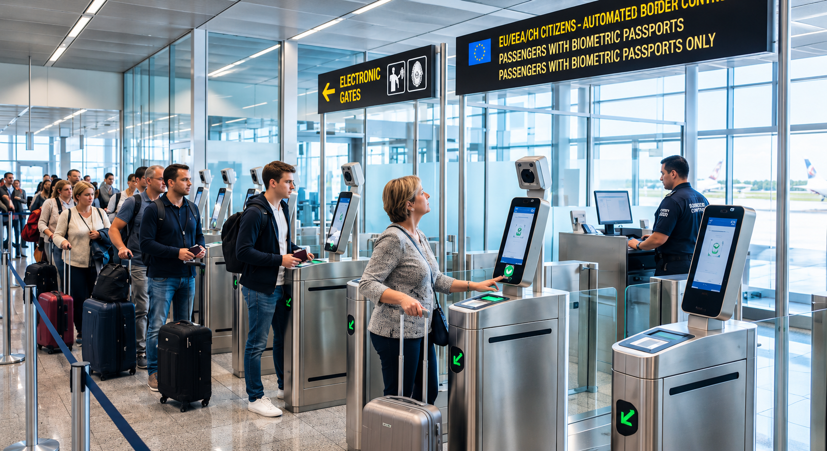 Pasajeros transitan por los quioscos de control biométrico automatizado EES en una terminal internacional europea.