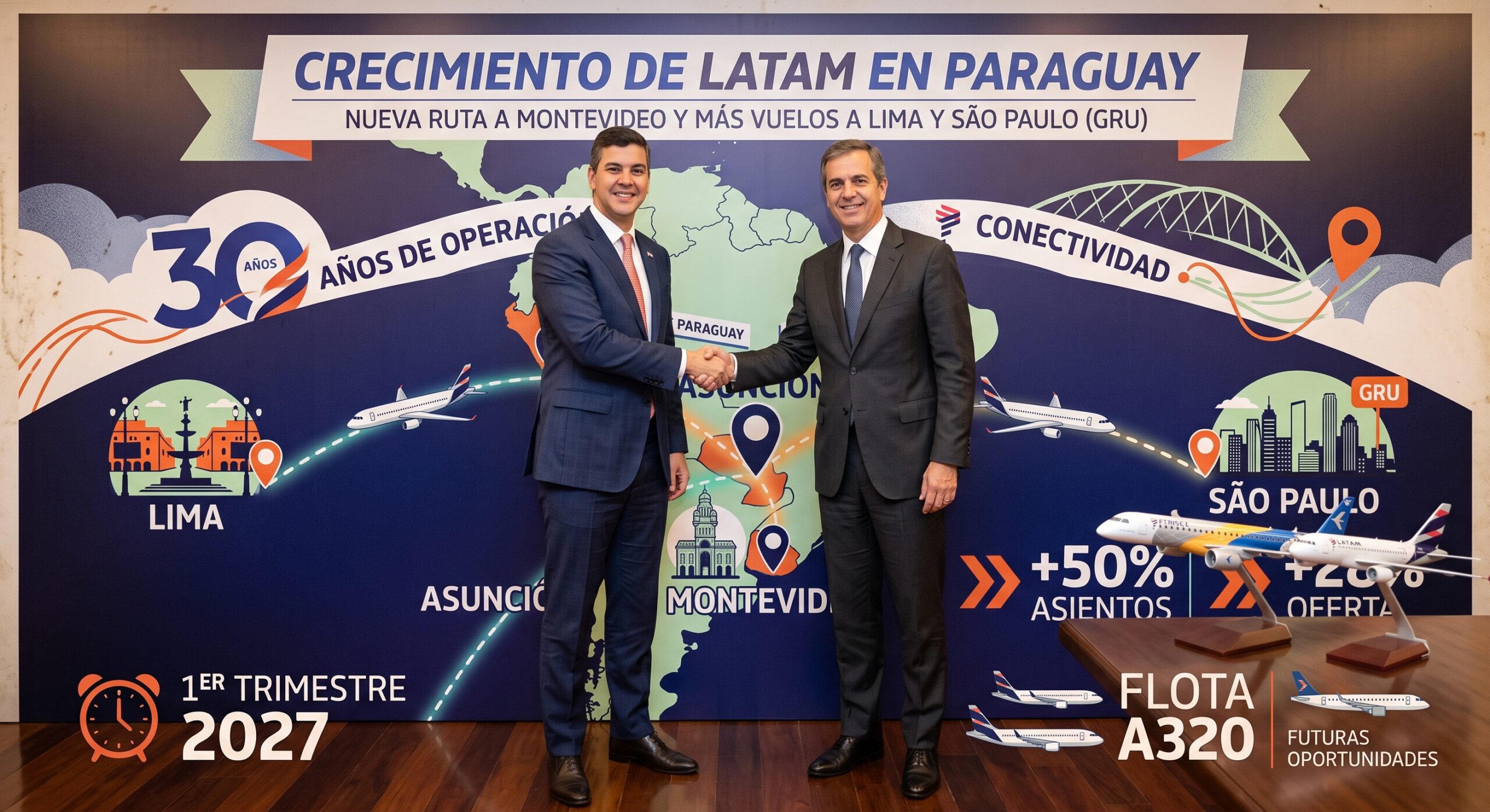 LATAM anunció nuevas rutas y un aumento de vuelos desde Asunción hacia San Pablo, Lima y Montevideo para reforzar la conectividad regional de Paraguay.