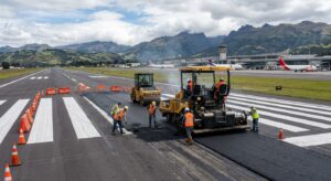 Personal técnico y maquinaria pesada ejecutan labores de reasfaltado y mantenimiento preventivo en la pista del Aeropuerto Internacional Mariscal Sucre de Quito.