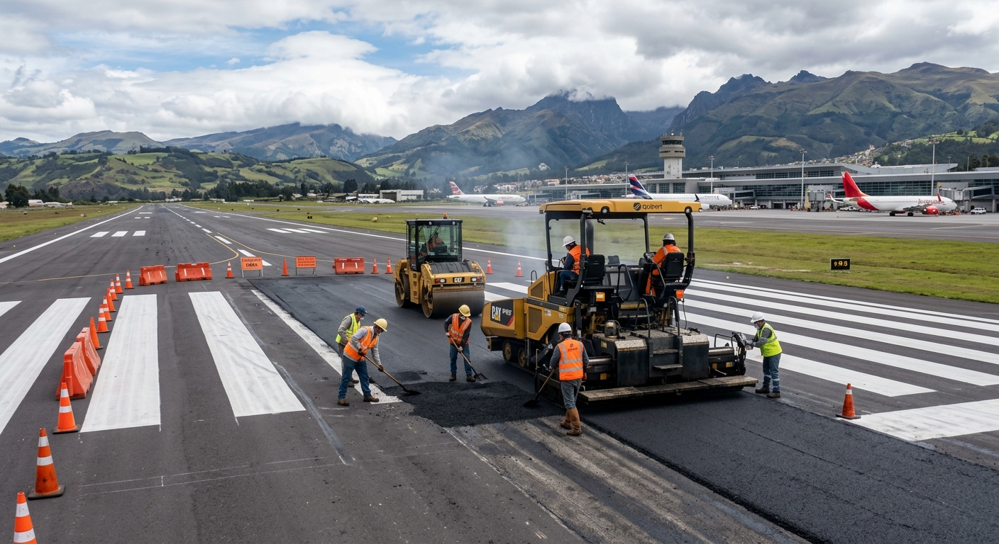 Personal técnico y maquinaria pesada ejecutan labores de reasfaltado y mantenimiento preventivo en la pista del Aeropuerto Internacional Mariscal Sucre de Quito.